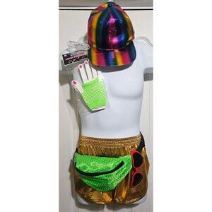 Arjen Kroos Men's Hot Shorts Gold 80s Pride Costume Rainbow Hat Neon Sequin Set